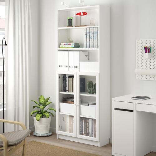 IKEA - BILLY, bookcase with half panel, white/transparent glass, 80x30x202 cm