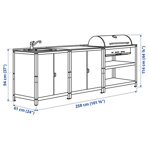 IKEA - GRILLSKAR, kitchen sink unit and charcoal barbecue, stainless steel/black, 258x61 cm