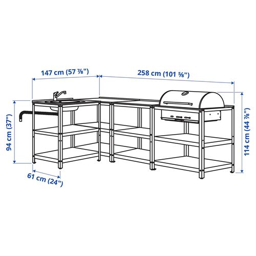 IKEA - GRILLSKAR, kitchen sink unit and charcoal barbecue, stainless steel/black, 258x147 cm