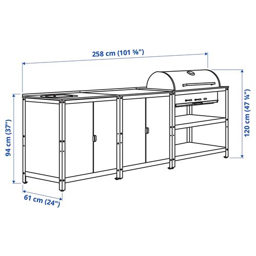 IKEA - GRILLSKAR, lavabo dolabı ve kömürlü barbekü, paslanmaz çelik-siyah, 258x61 cm