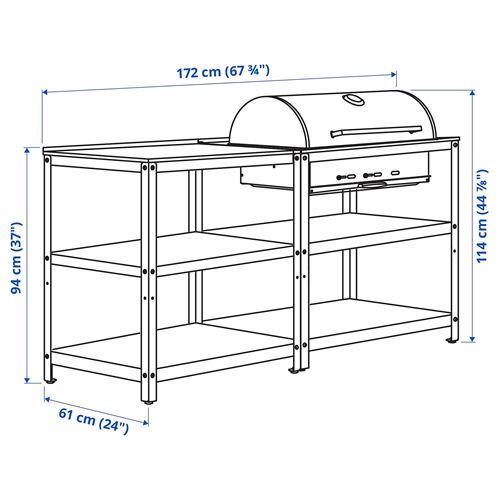 IKEA - GRILLSKAR, charcoal barbecue, stainless steel/black, 172x61 cm