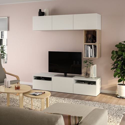 IKEA - BESTA/EKET, tv storage unit, white-white stained oak effect, 180x42x166 cm