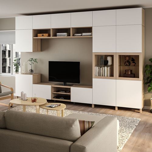 IKEA - BESTA, tv storage unit, white stained oak effect/transparent glass, 360x42x240 cm