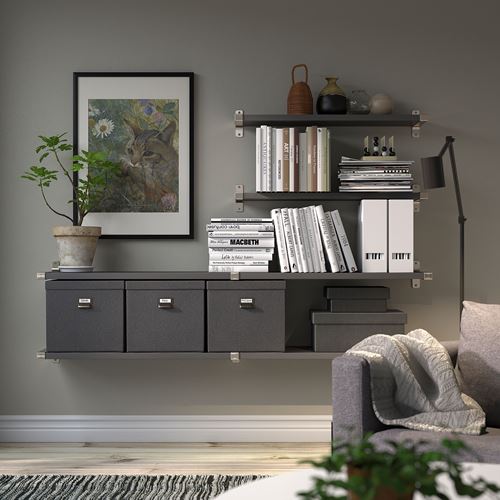 IKEA - BERGSHULT/GRANHULT, wall shelf combination, dark grey/nickel-plated, 160x30 cm