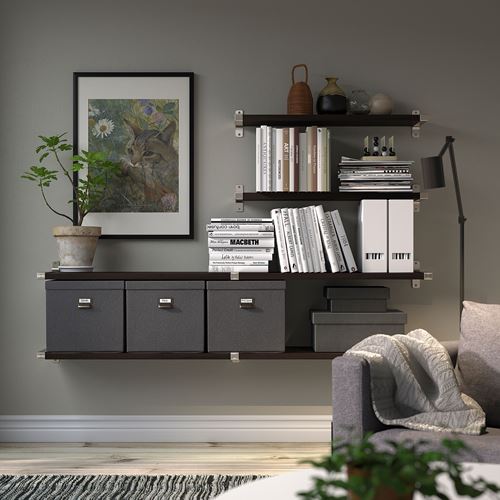 IKEA - BERGSHULT/GRANHULT, wall shelf combination, black-brown/nickel-plated, 160x30 cm