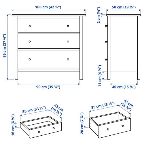 IKEA - HEMNES, 3 çekmeceli şifonyer, cilalı mavi, 108x96 cm