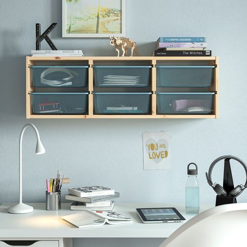 IKEA - TROFAST, children wall shelf, pine/grey-blue, 93x21x30 cm