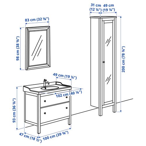 IKEA - HEMNES/RATTVIKEN/TOFTBYN, banyo mobilyası seti, beyaz, 102 cm