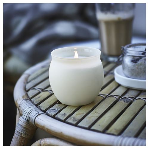 IKEA - JAMLIK, scented candle in cup, light beige, 50 hr