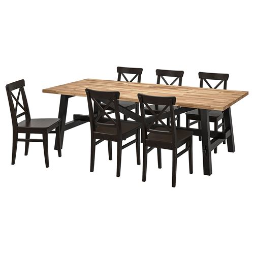 IKEA - SKOGSTA/INGOLF, dining set, acacia/brown-black, 6 chairs