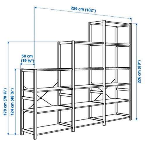 IKEA - IVAR, raf ünitesi, çam, 259x50x226 cm