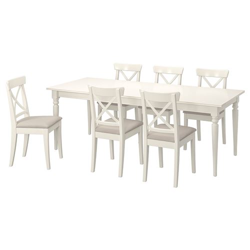 IKEA - INGATORP/INGOLF, dining set, white-Hallarp beige, 6 chairs