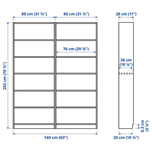 IKEA - BILLY, bookcase, white stained oak veneer, 160x28x202 cm