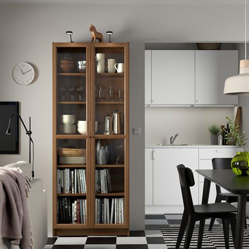 IKEA - BILLY, bookcase with glass door, brown walnut effect, 80x30x202 cm