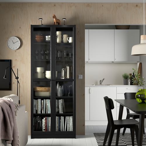 IKEA - BILLY, bookcase with glass door, Black oak effect, 80x30x202 cm