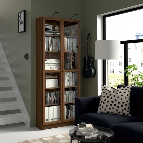 IKEA - BILLY, bookcase with glass door, brown walnut effect, 80x30x202 cm