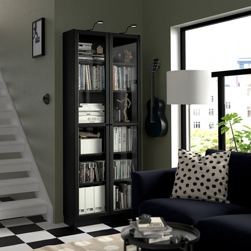 IKEA - BILLY, bookcase with glass door, Black oak effect, 80x30x202 cm