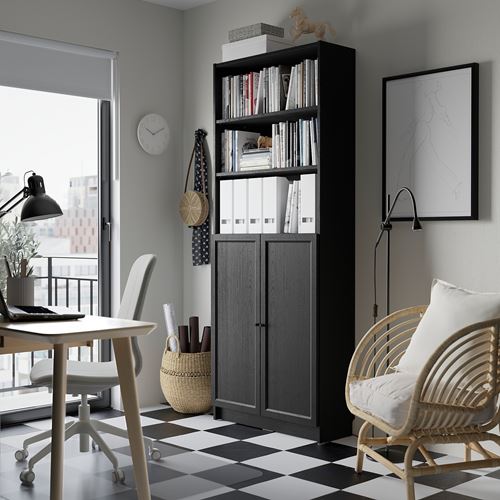 IKEA - BILLY, bookcase with door, Black oak effect, 80x30x202 cm