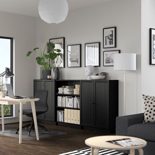IKEA - BILLY, kapaklı kitaplık, siyah meşe görünümlü, 240x30x106 cm