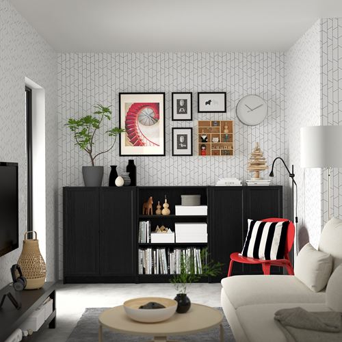 IKEA - BILLY, kapaklı kitaplık, siyah meşe görünümlü, 240x30x106 cm