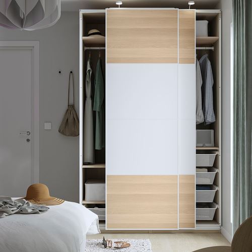 IKEA - PAX/MEHAMN, PAX sliding door wardrobe, white-white stained oak effect, 150x66x236 cm