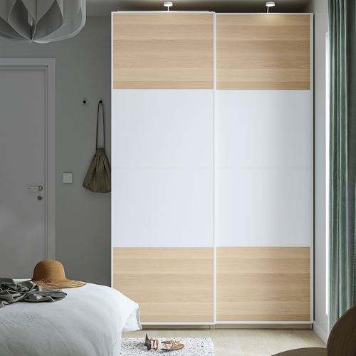 IKEA - PAX/MEHAMN, PAX sliding door wardrobe, white-white stained oak effect, 150x66x236 cm