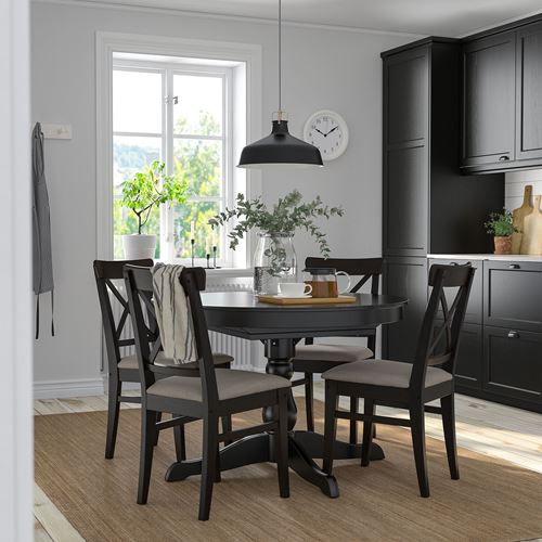 IKEA - INGATORP/INGOLF, dining set, brown-black/Nolhaga grey-beige, 4 chairs