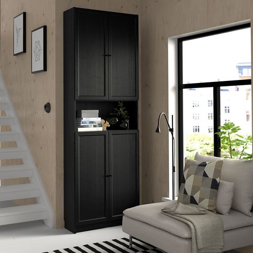 IKEA - BILLY, bookcase with door, Black oak effect, 80x30x237 cm