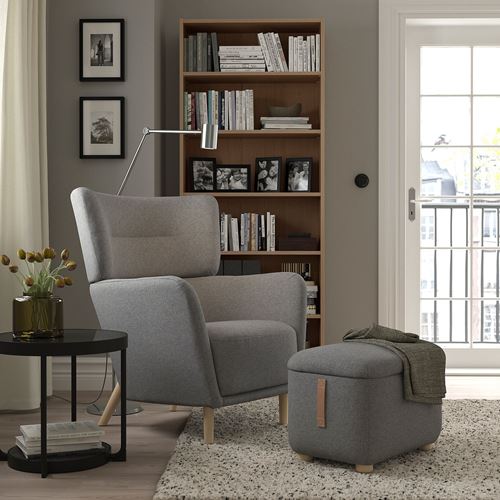 IKEA - OSKARSHAMN, wing chair and pouffe, tibbleby beige/grey