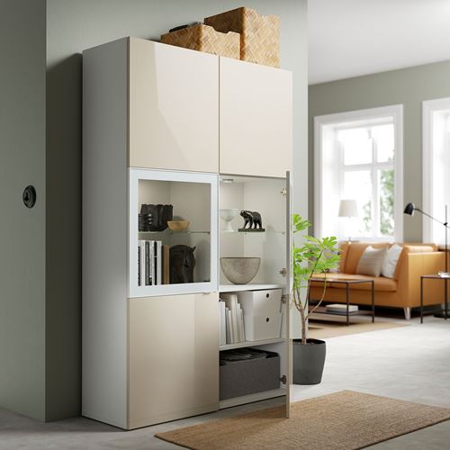 IKEA - BESTA, storage combination, white/high-gloss/beige, 120x42x193 cm