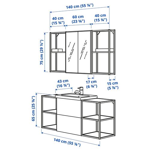 IKEA - ENHET/TVALLEN, bathroom furniture set, white-stone effect, 140x43x65 cm