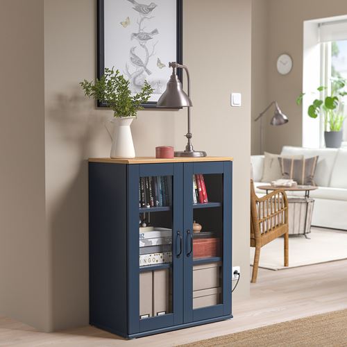 IKEA - SKRUVBY, cabinet with glass doors, blue/black, 70x90 cm