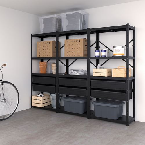 IKEA - BROR, shelving unit with drawers, black, 254x40x190 cm