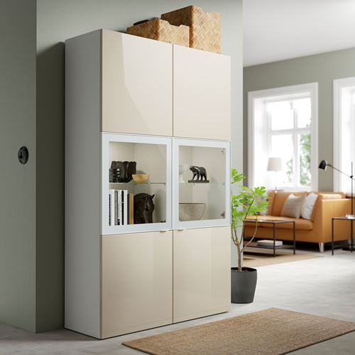 IKEA - BESTA, storage combination, white/high-gloss/beige, 120x42x193 cm