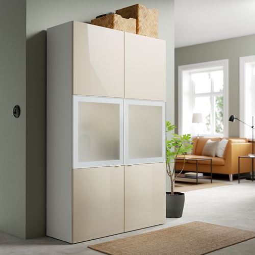 IKEA - BESTA, storage combination, white/high-gloss/beige, 120x42x193 cm