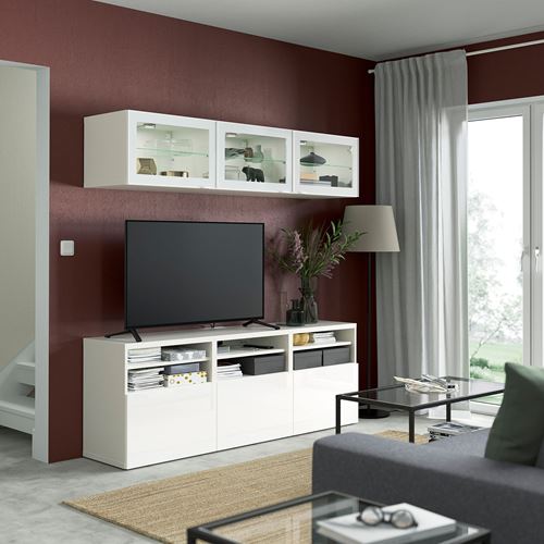 IKEA - BESTA, tv storage unit, white-high gloss white, 180x42x192 cm