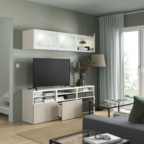 IKEA - BESTA, tv storage unit, white/high-gloss/beige, 180x42x192 cm