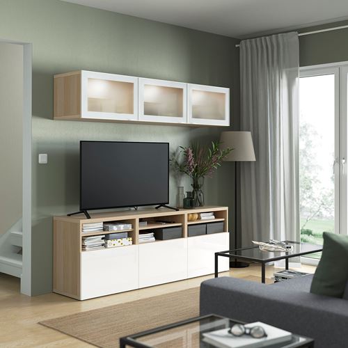 IKEA - BESTA, tv storage unit, white stained oak effect/high-gloss/white, 180x42x192 cm