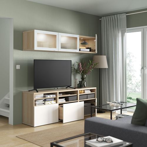 IKEA - BESTA, tv storage unit, white stained oak effect/high-gloss/white, 180x42x192 cm