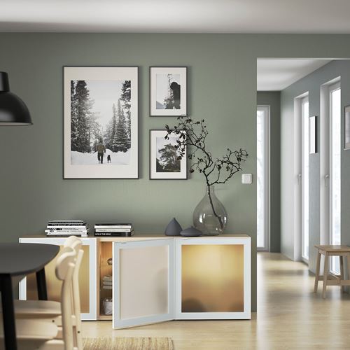 IKEA - BESTA, storage combination, white stained oak effect/white/frosted glass, 180x42x65 cm