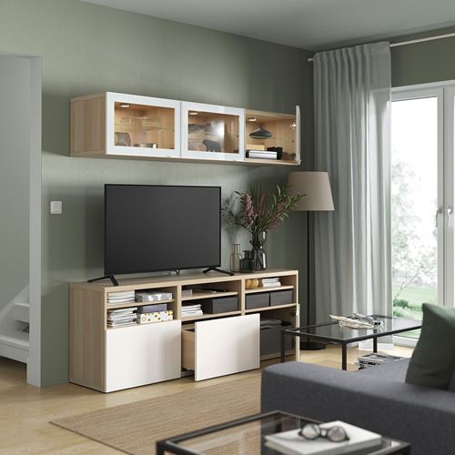 IKEA - BESTA, tv storage unit, white stained oak effect/high-gloss/white, 180x42x192 cm