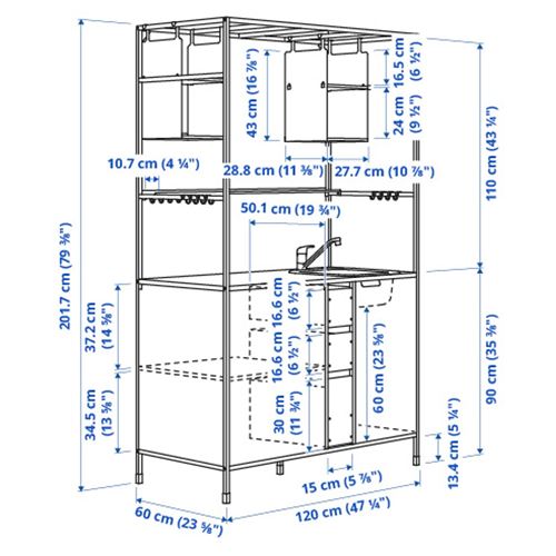 IKEA - ASPINGE/FYNDIG, mini kitchen, black ash-black, 120x60x202 cm