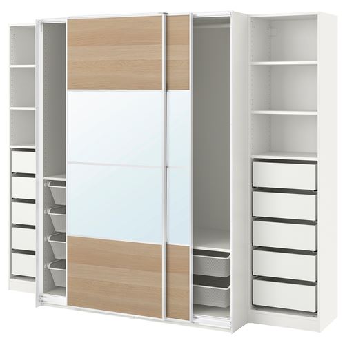 IKEA - PAX, PAX sliding door wardrobe, white/white stained oak effect mirror glass, 250x66x201 cm