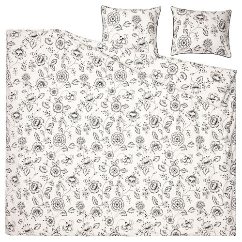 IKEA - JUNGFRUNAVA, double quilt cover and 2 pillowcases, white/grey, 240x220/50x60 cm