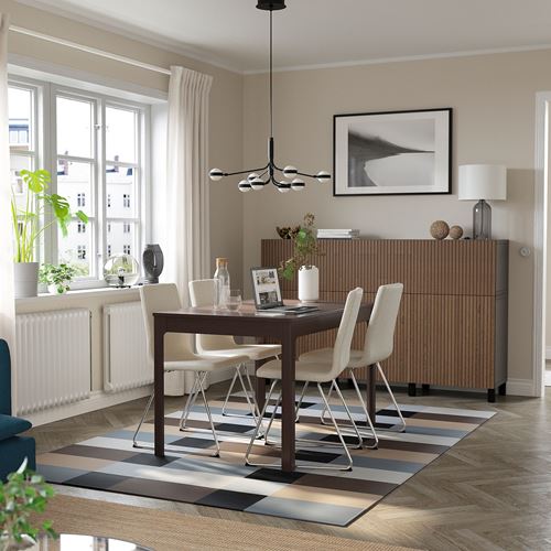 IKEA - EKEDALEN/LILLANAS, dining set, dark brown-chrome plated-Gunnared beige, 4 chairs