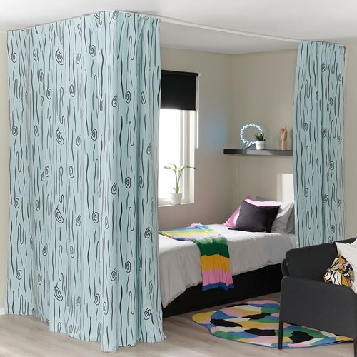 IKEA - MURLAVSMAL, blackout curtain, light blue black-wood pattern, 270x300 cm