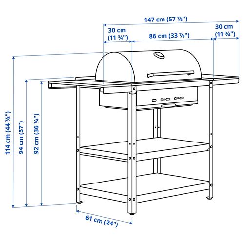 IKEA - GRILLSKAR, charcoal barbecue, stainless steel/black, 99/147x61 cm