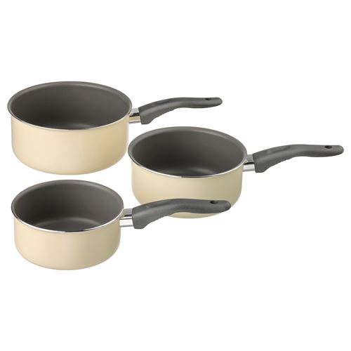 IKEA - KAVALKAD, teflon sauce pan set, gray-light beige, 1x1,5x2 l