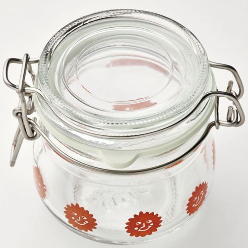 IKEA - KORKEN, glass jar with lid, glass-bright orange patterned, 13 cl