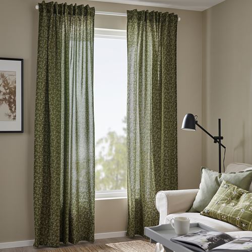 IKEA - TRYSTAVMAL, curtains, 1 pair, green/white, 145x300 cm